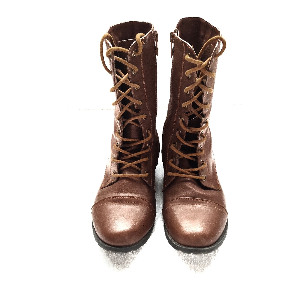 Used women's size 9, Forever brand, brown lace up/zip up, mid calf length boots.